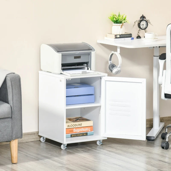 White Industrial Rolling Bedside Table with Adjustable Shelf