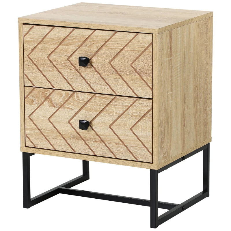 Modern Two-Drawer Nightstand with Zig Zag Design, Natural Finish