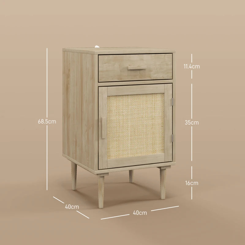 Rattan Boho Bedside Cabinet - Natural Wood - Drawer & Shelf - Bedroom & Living Room Storage