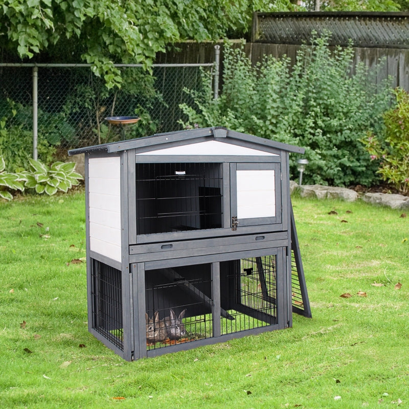 Grey 2 Tier Wooden Small Animal Hutch with Run and Ramp - 101.5 x 90 x 100 cm