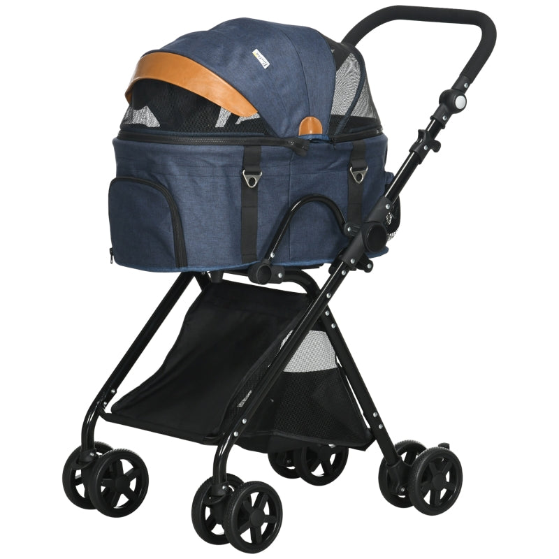 Blue Pet Stroller with Canopy and Storage Basket