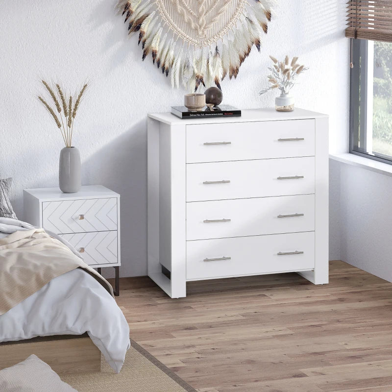 White 4-Drawer Bedroom Storage Cabinet with Metal Handles