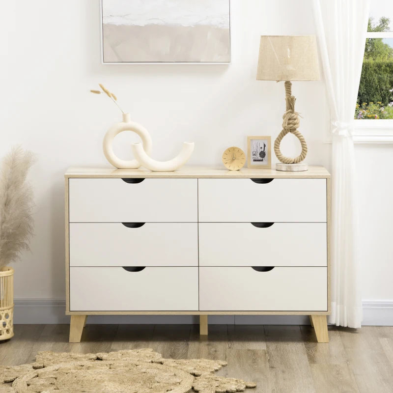 6-Drawer White and Light Brown Bedroom Dresser with Wood Legs