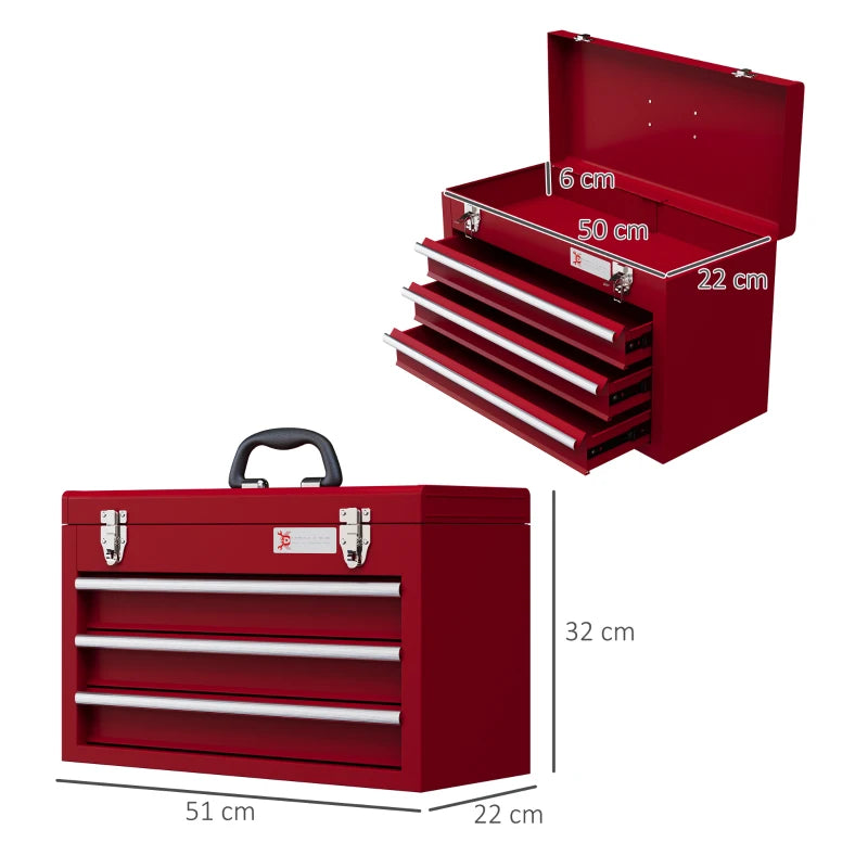 Red 3-Drawer Lockable Metal Tool Box with Handle and Ball Bearing Runners