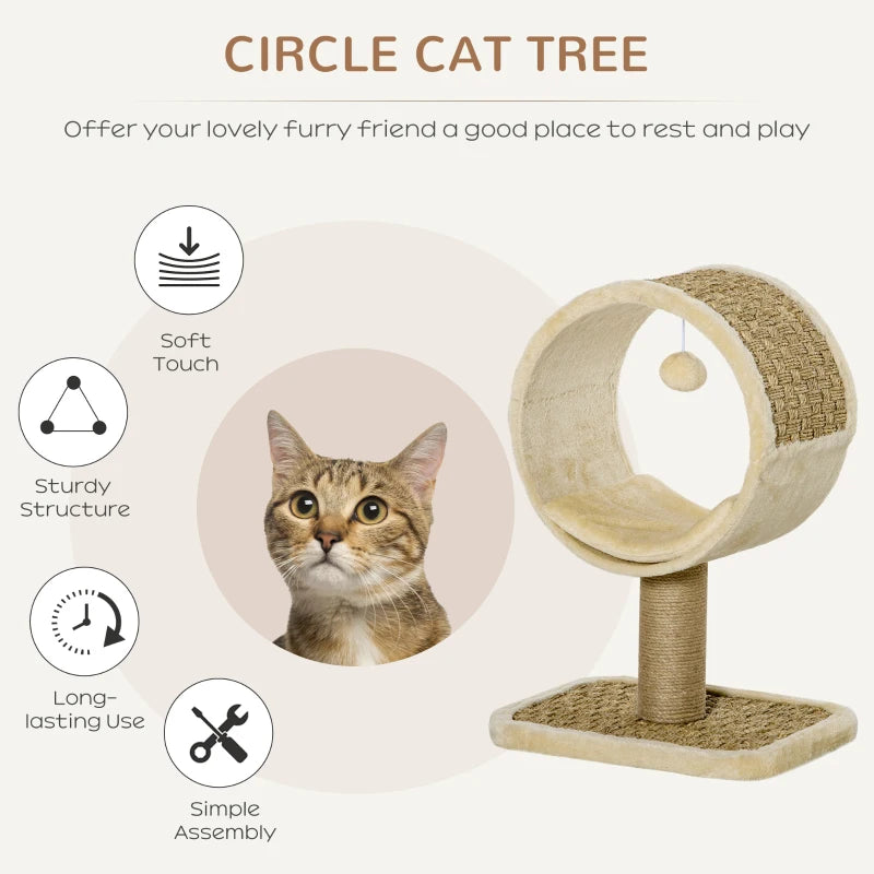 Beige Cat Tree with Scratching Post, Tunnel, Ball Toy - 56cm