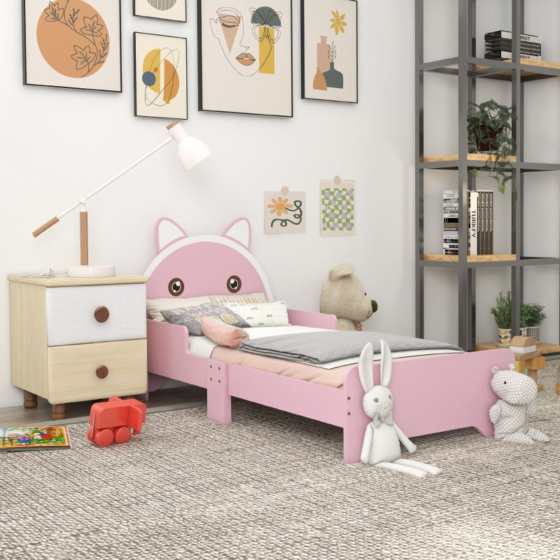 Cat Design Pink Toddler Bed Frame with Guardrails - 3-6 Years