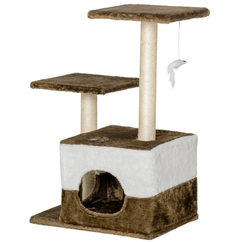 Brown Cat Tree Tower with Scratching Posts and Interactive Toy, 45 x 33 x 70 cm