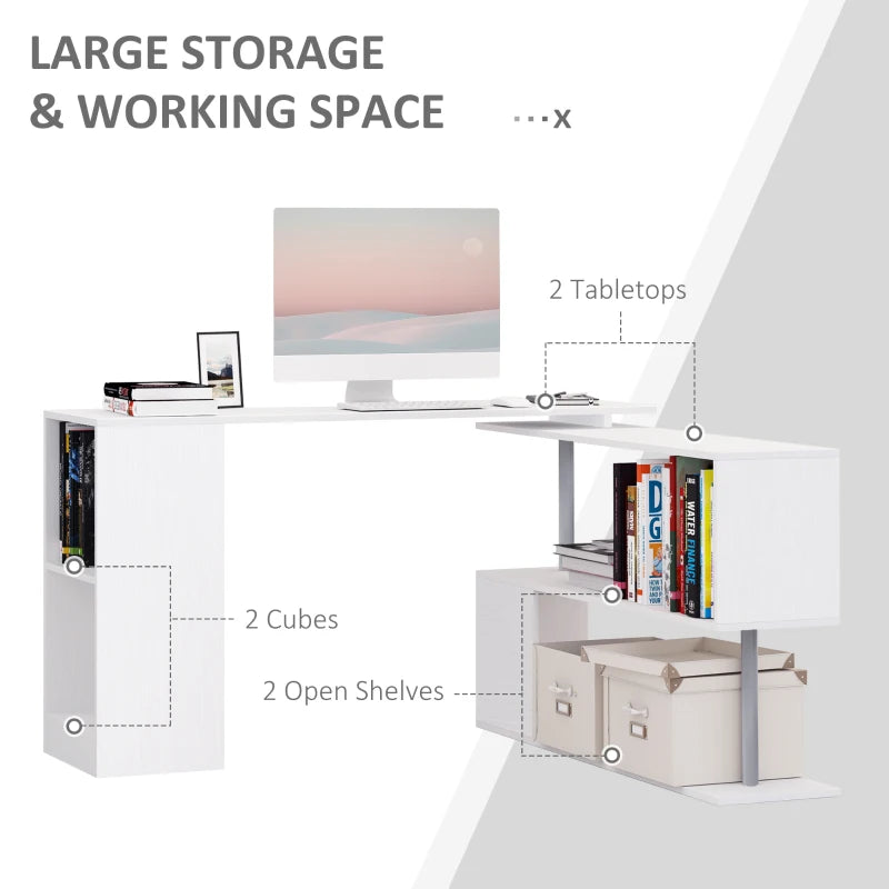 White L-Shaped Rotating Corner Desk with Storage Shelf - Home Office Workstation