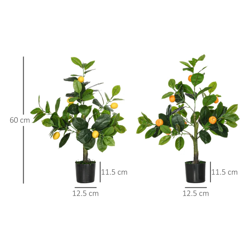 Set of 2 Artificial Lemon and Orange Trees with Pots, Home Indoor Decor, 60cm, Green and Orange