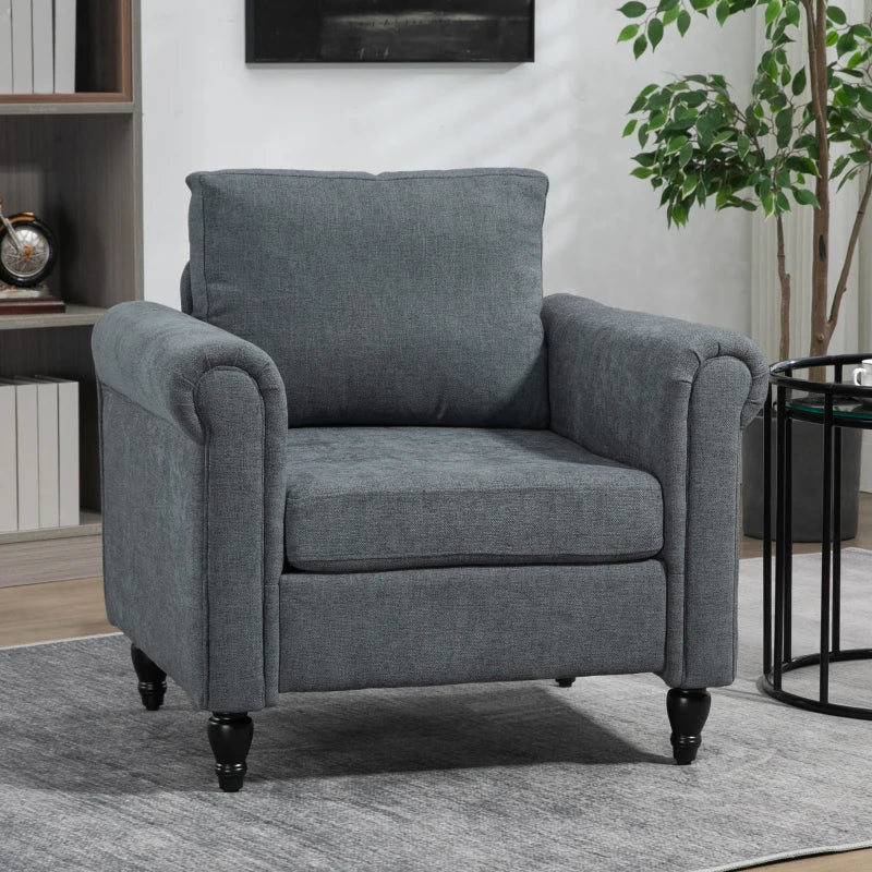 Grey Upholstered Accent Chair with Rolled Arms and Back Pillow