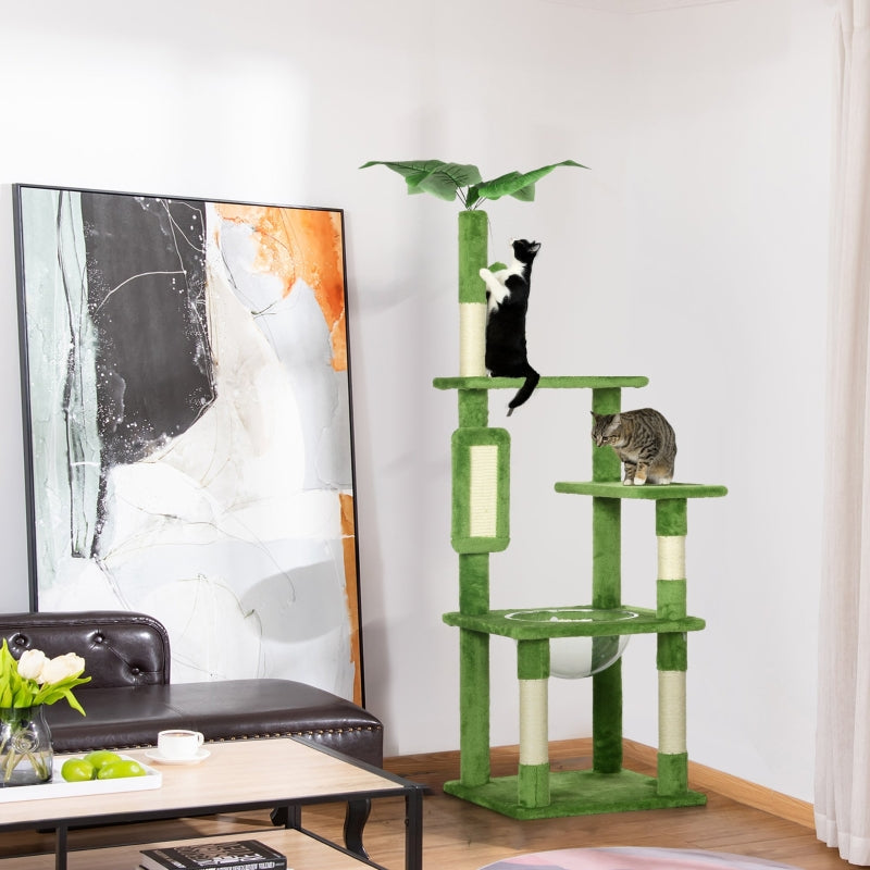 Green Cat Tree Tower with Scratching Post, Hammock, Toy Ball - 142cm