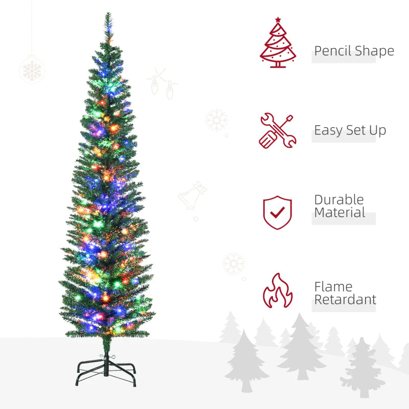 6ft Pre-lit Christmas Tree with Colourful LED Lights, Pencil Shape, Steel Base - Green