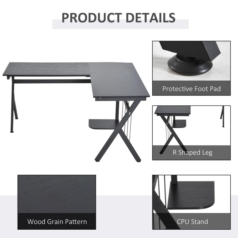 Black L-Shaped Corner Computer Desk with CPU Stand