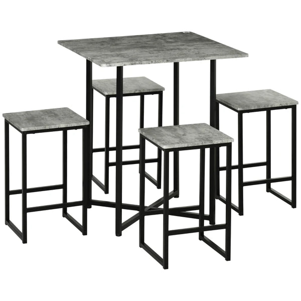 Grey Concrete Effect 5-Piece Square Bar Table Set with Stools