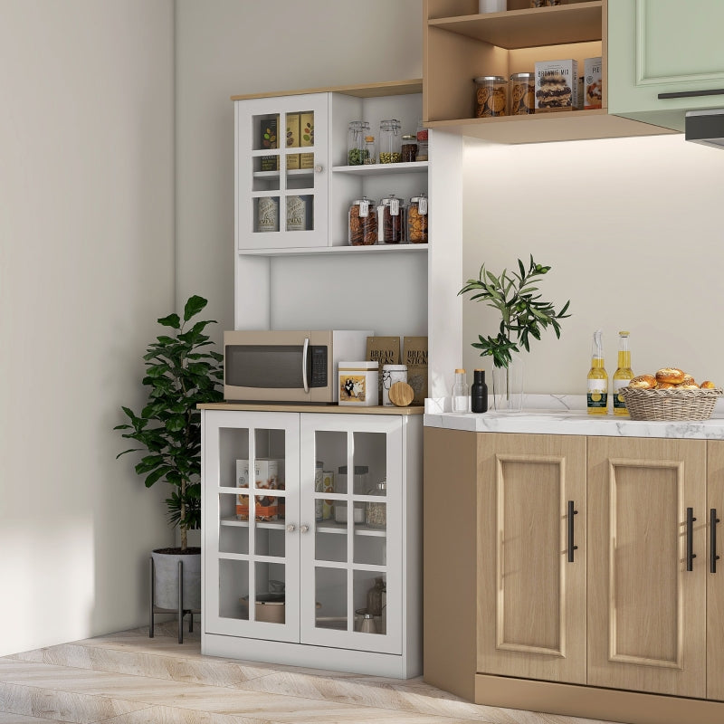 White Freestanding Kitchen Storage Cabinet with Adjustable Shelves and Glass Doors