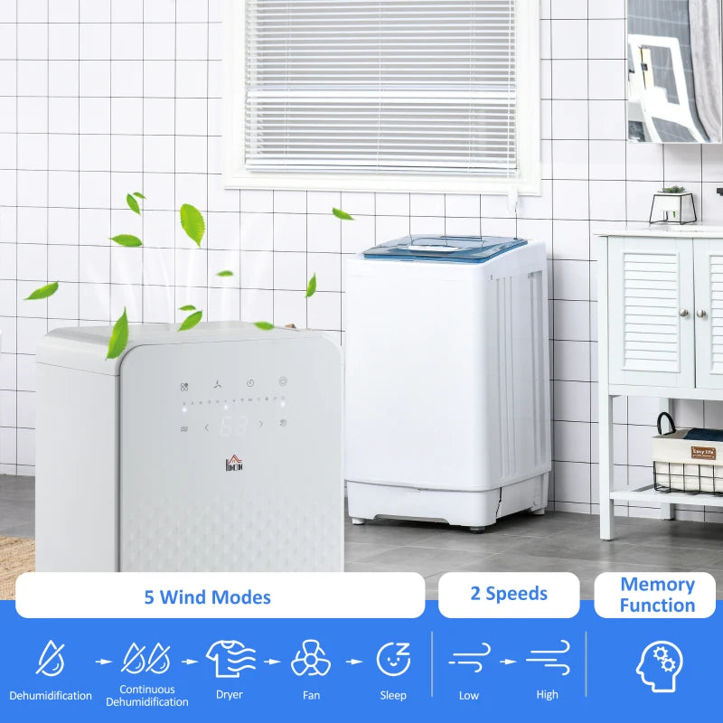 White Portable Dehumidifier with Air Purifier, 24H Timer, 5 Modes, 10L/Day