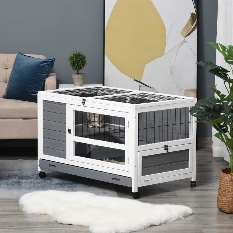 Grey Wooden Indoor Rabbit Hutch with Wheels - 102 x 60 x 63.5cm