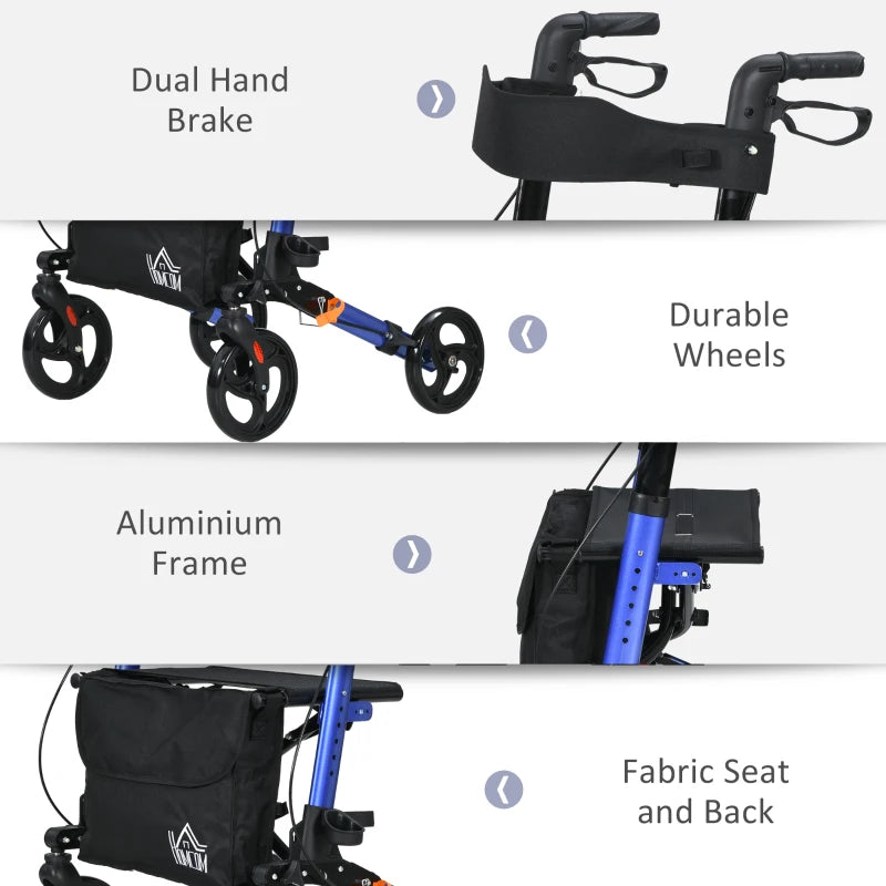 Blue Folding Rollator Walker with Seat and Brakes