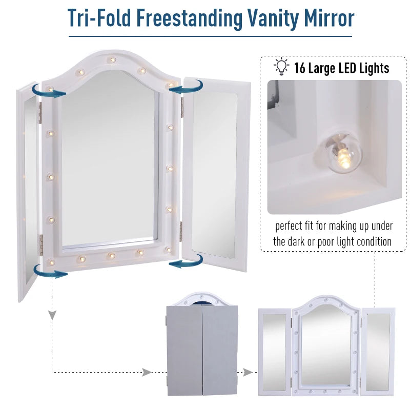 White Trifold Lighted Vanity Mirror with 16 LED Lights