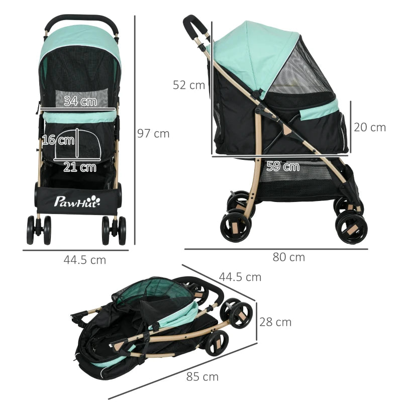 Green Pet Stroller for Small Dogs with Rain Cover