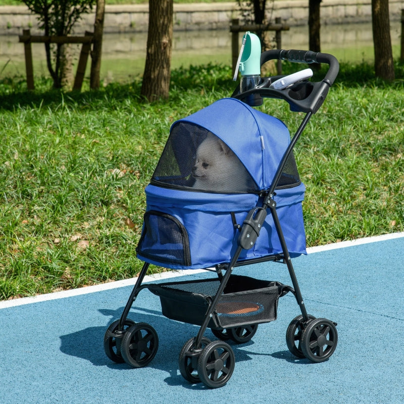 Blue Pet Stroller with Canopy and Storage - Foldable Dog Cat Pushchair