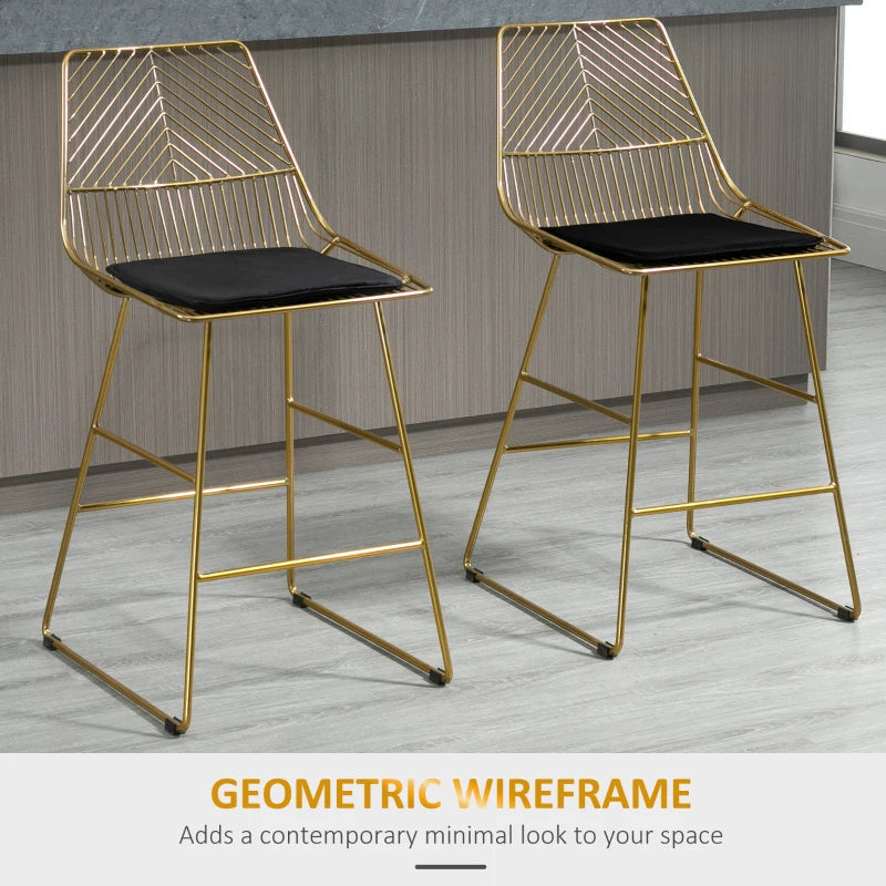 Gold Wire Metal Bar Stools Set of 2 for Kitchen and Bar Counter