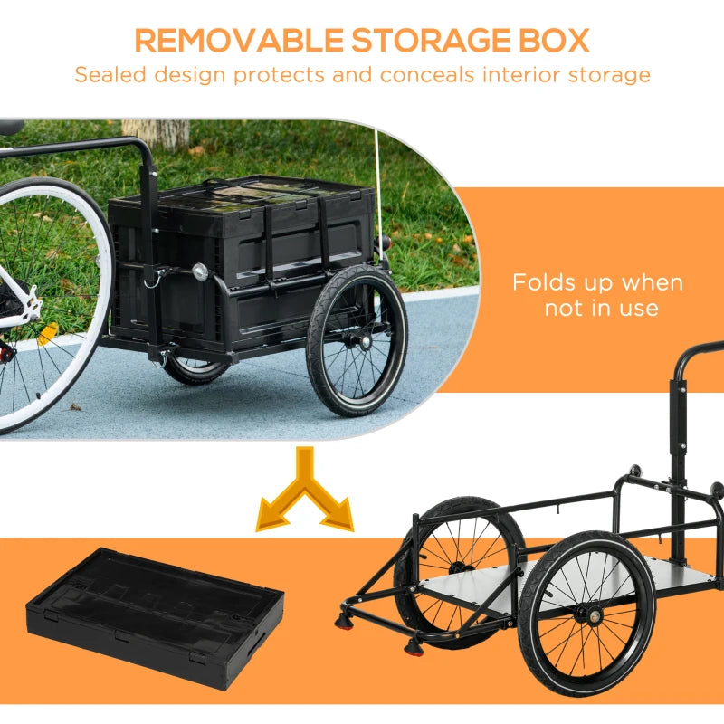 Black Steel Bike Cargo Trailer with 65L Storage Box, Reflectors - 40KG Capacity