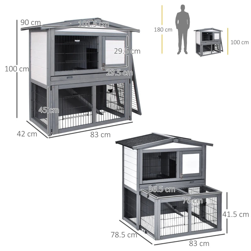 Grey 2 Tier Wooden Small Animal Hutch with Run and Ramp - 101.5 x 90 x 100 cm