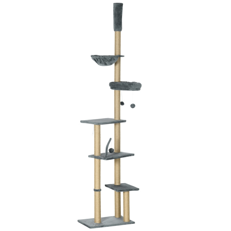 Grey 6-Tier Floor to Ceiling Cat Tree with Scratching Post and Hammock