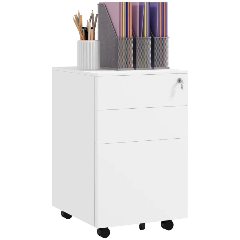 White 3-Drawer Steel Filing Cabinet with Lock and Wheels