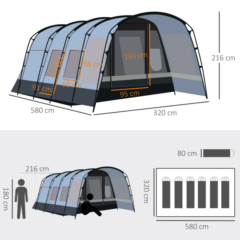 8-Person Waterproof Grey Camping Tent with Tunnel Design and 4 Large Windows