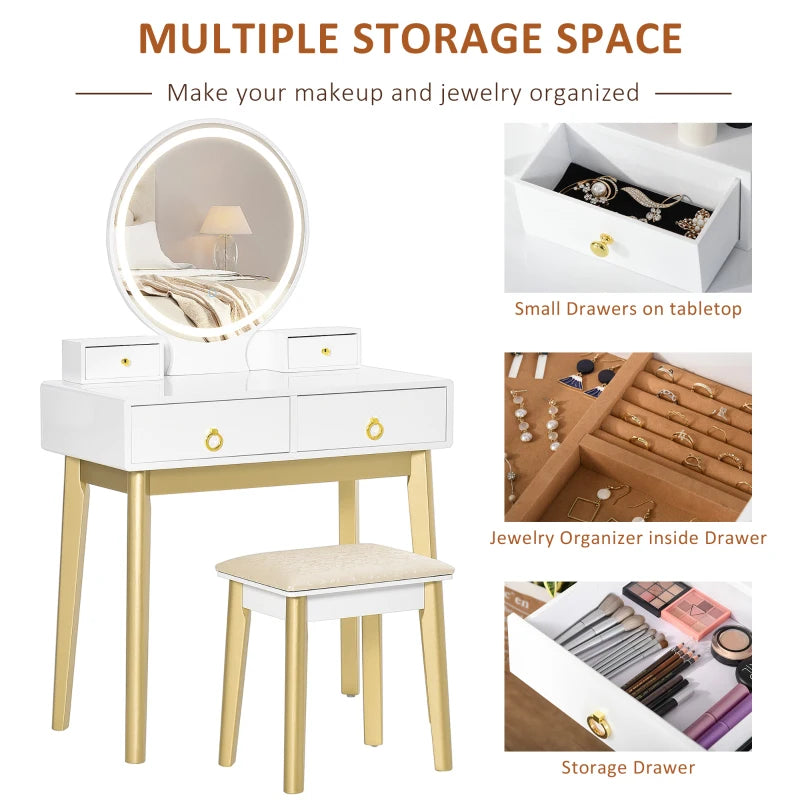 White LED Vanity Dressing Table Set with Mirror, 4 Drawers & Stool