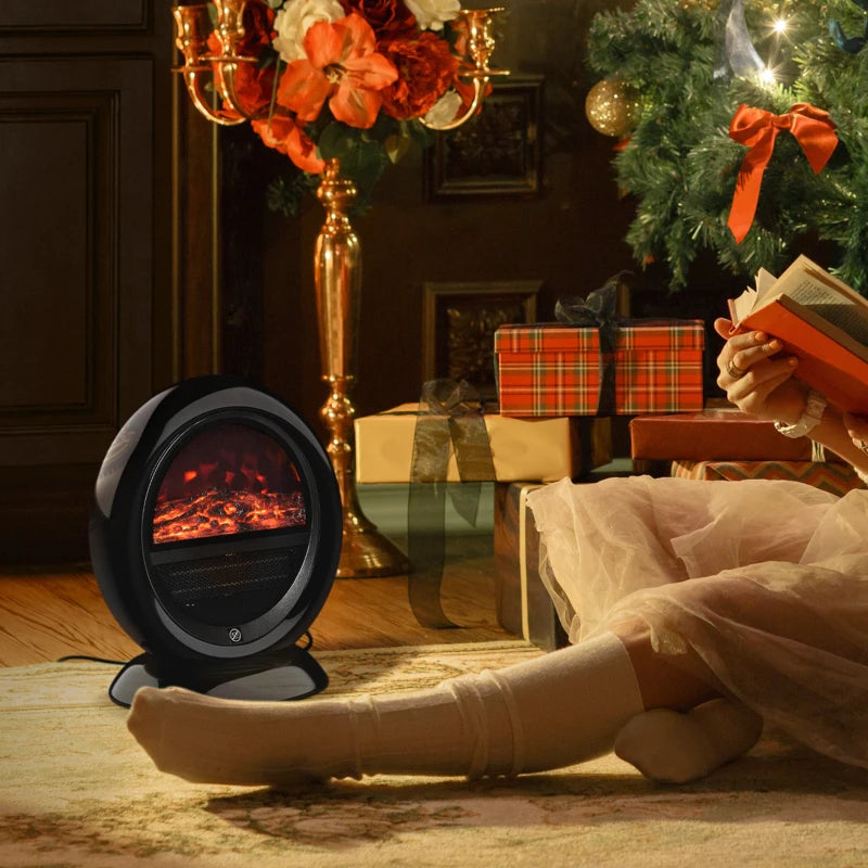 Black Tabletop Electric Fireplace Heater with Realistic Flame Effect