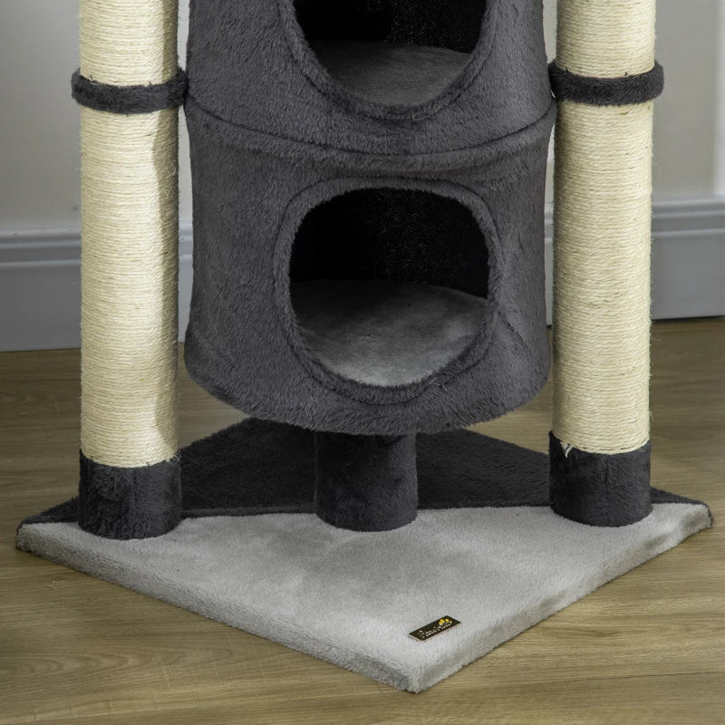 Grey Cat Tree with Scratching Posts, House, Bed & Toy Ball