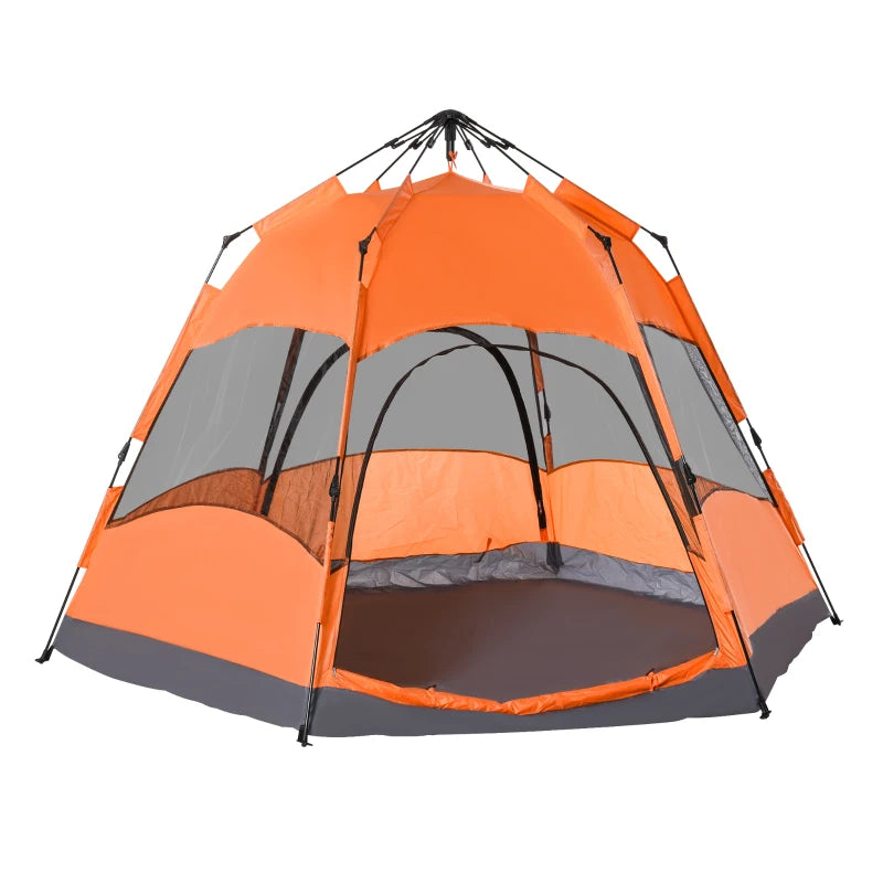 Hexagon Double Layer Dome Tent, 4-Person Pop Up Camping Shelter, Orange/Blue