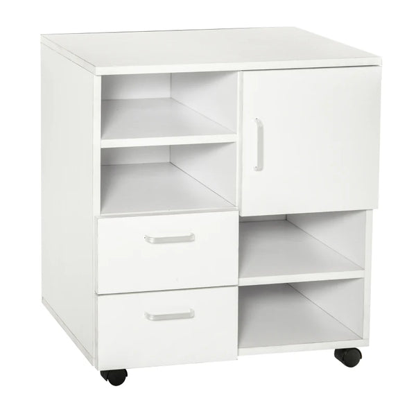 White Mobile Printer Stand with Shelves and Drawers, Printer Table on Wheels - 60x35x65cm