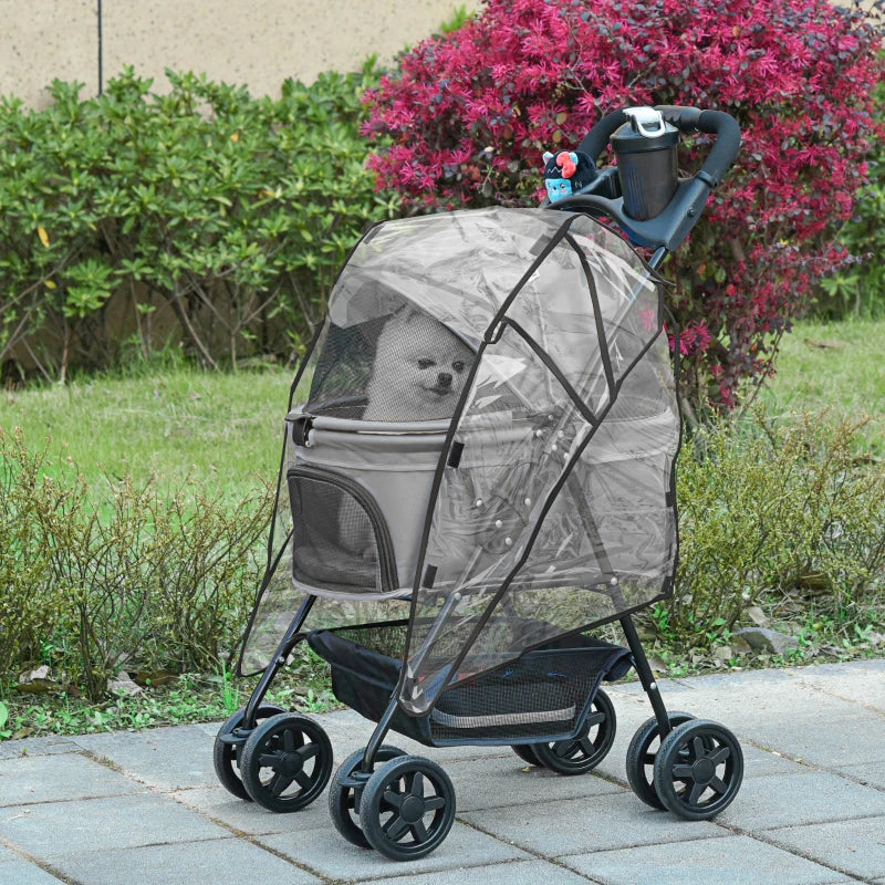 Grey Dog Stroller with Rain Cover, One-Click Fold, EVA Wheels, Safety Leash - Small Dog Pushchair