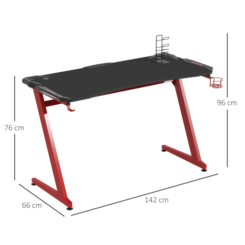 Carbon Fibre Gaming Desk with Storage, Black/Red