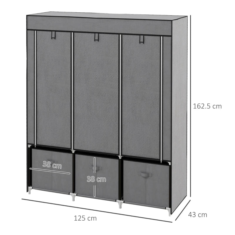 Dark Grey Fabric Wardrobe with Shelves, Hanging Rails, and Drawers - Portable and Foldable Closet 125x43x162.5cm
