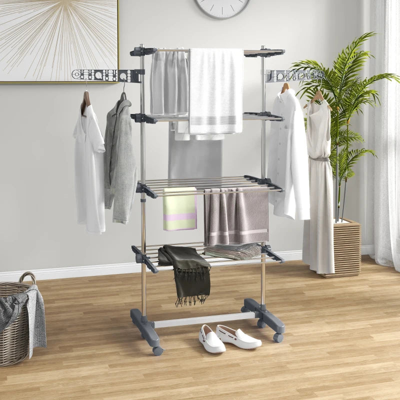 Grey 4-Shelf Folding Clothes Drying Rack with Side Arms and Wheels