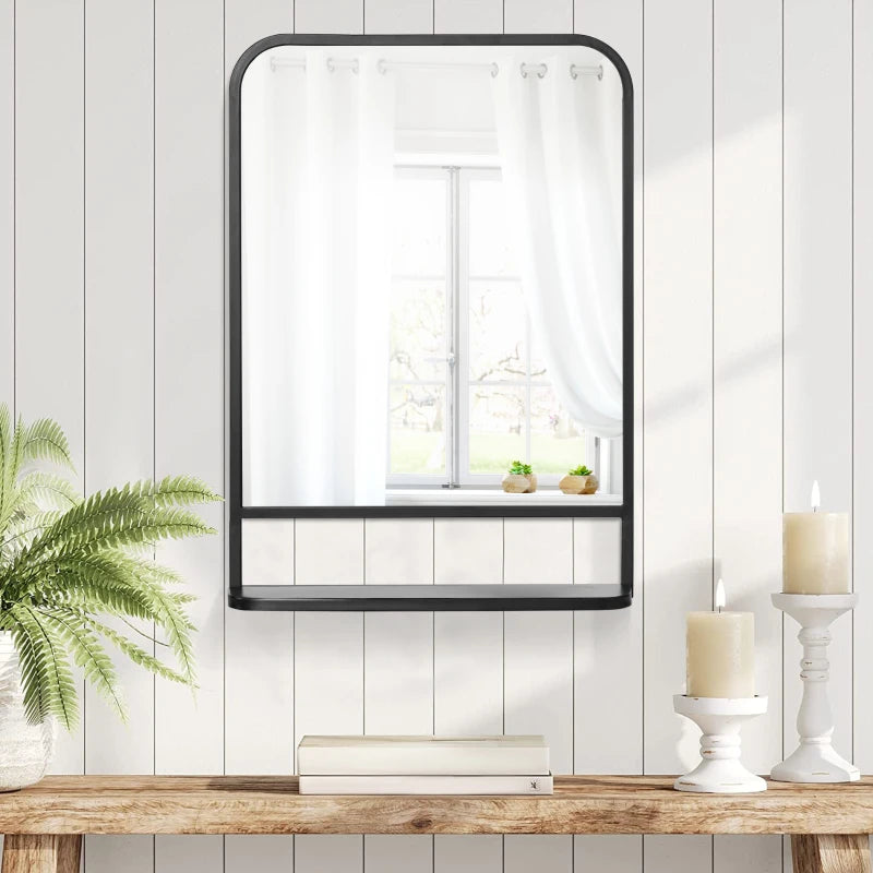 Black Square Wall Mirror with Storage Shelf, 70 x 50 cm - Modern Mirrors for Living Room, Bedroom