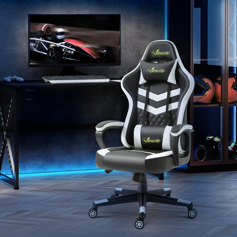 Black White Gaming Chair with Lumbar Support and Swivel Wheels