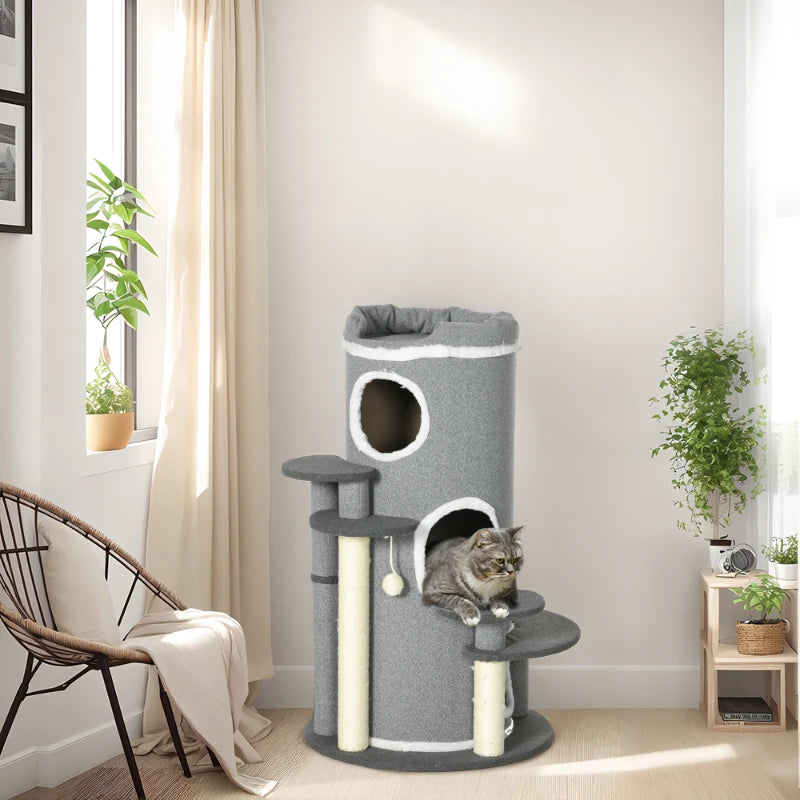 Grey Barrel Cat Tree with Scratching Posts, Bed, Platforms & Ball