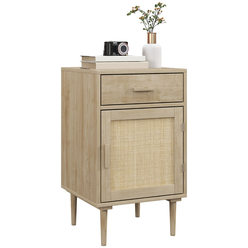 Rattan Boho Bedside Cabinet - Natural Wood - Drawer & Shelf - Bedroom & Living Room Storage