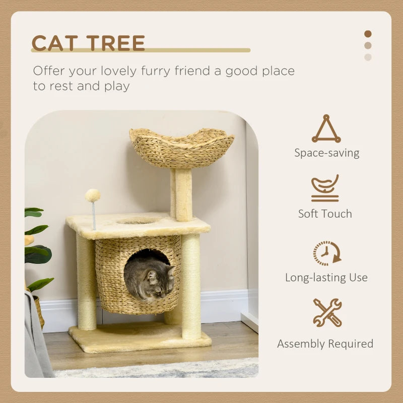 Beige Cat Tree with Scratching Posts, House, Bed & Toy Ball