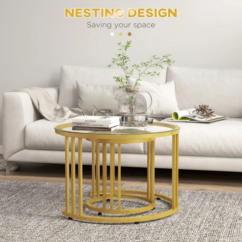 Gold Tone Round Glass Coffee Tables Set of 2, Steel Frame, 60cmx60cmx47cm