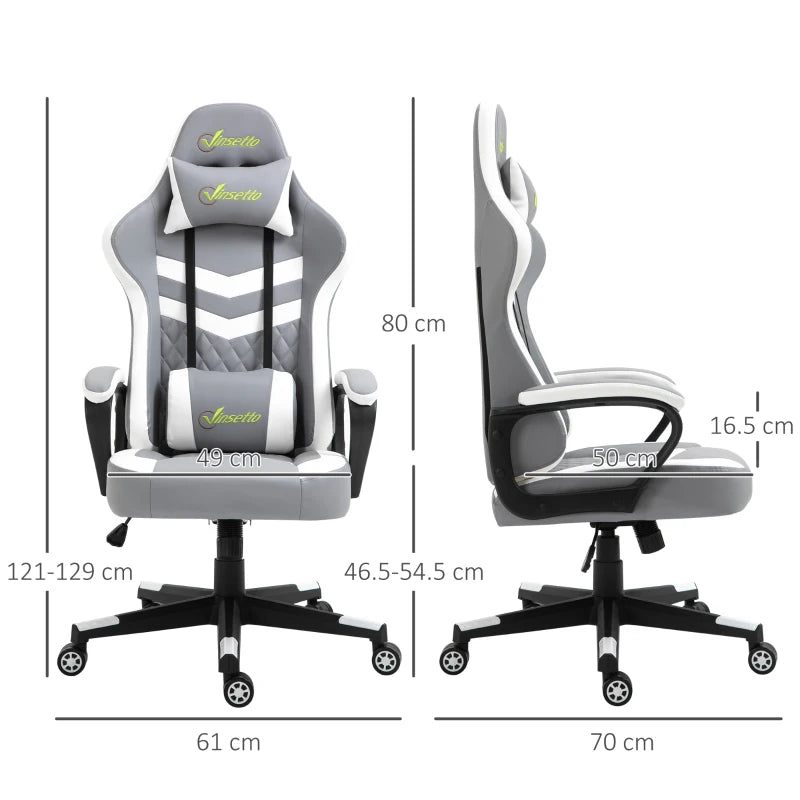 Grey White Gaming Chair with Lumbar Support and Swivel Wheels