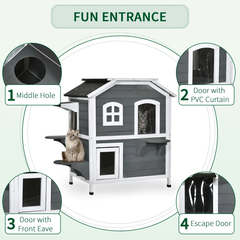 Grey 2-Story Weatherproof Wooden Cat Enclosure with Escape Door