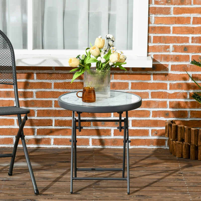 White Round Outdoor Folding Patio Table with Imitation Marble Glass Top