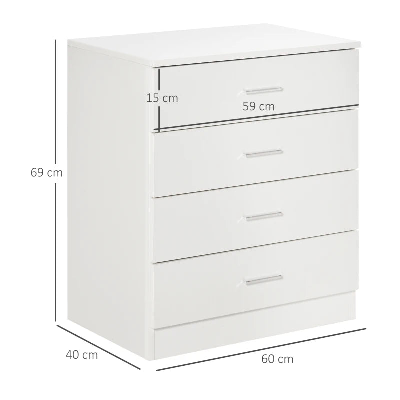 4-Drawer White Storage Cabinet with Metal Rails for Playroom, Nursery, Hallway